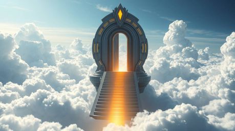 A breathtaking depiction of a futuristic, sci-fi styled heavenly gate floating above clouds.  Golden light streams down a sta