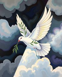 This vibrant acrylic painting depicts a bold image of a dove carrying an olive branch through tumultuous stormy skies. The ar