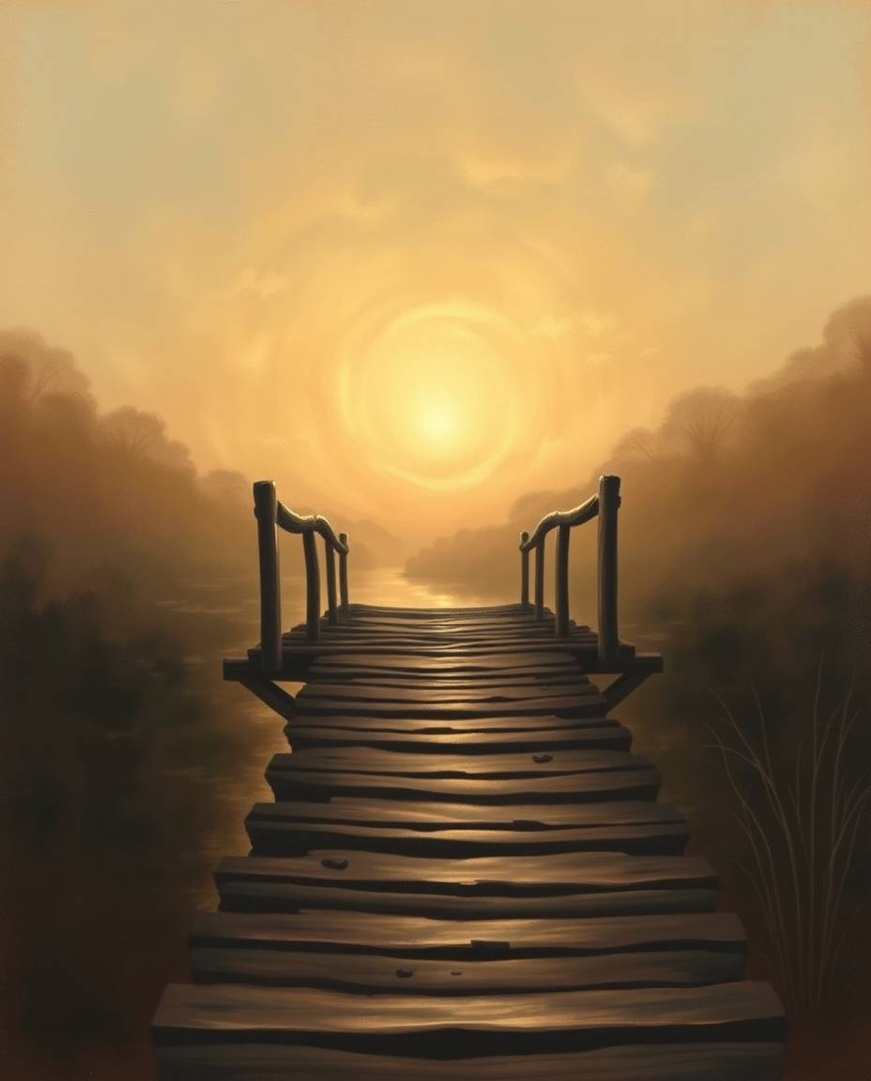 An ethereal, spiritual painting depicts an old wooden bridge over a river at sunset. The artwork is rendered in a muted color