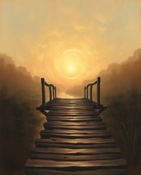 An ethereal, spiritual painting depicts an old wooden bridge over a river at sunset. The artwork is rendered in a muted color
