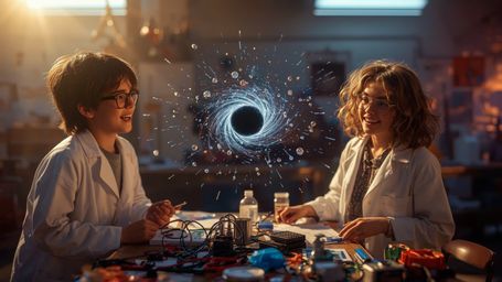 a cinematic, high-contrast photograph of two excited science fair participants, a boy with messy brown hair and glasses, and 