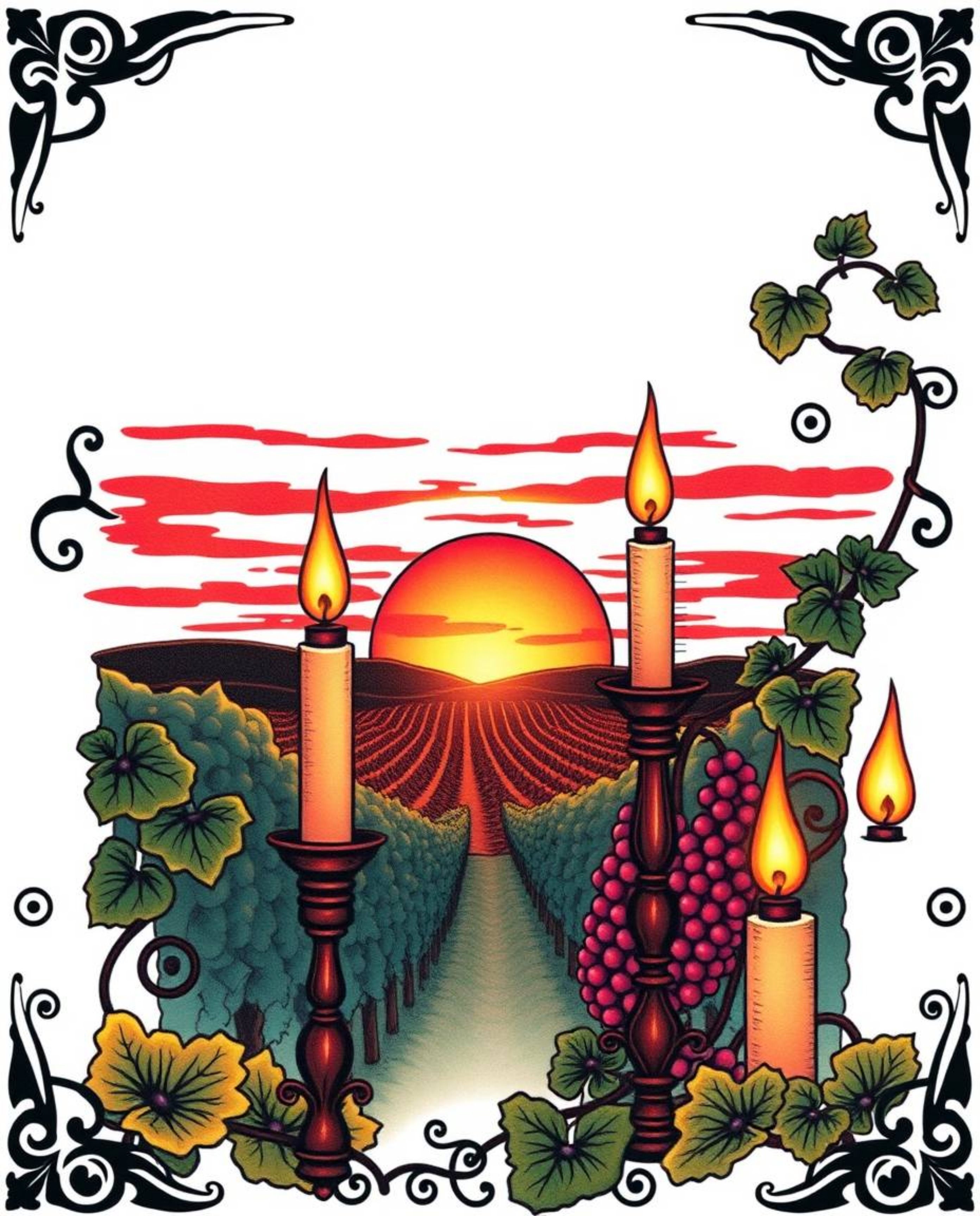 This symbolic traditional tattoo art print features a vibrant, retro-style sunset over a vineyard. The scene is warmly illumi