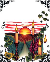 This symbolic traditional tattoo art print features a vibrant, retro-style sunset over a vineyard. The scene is warmly illumi