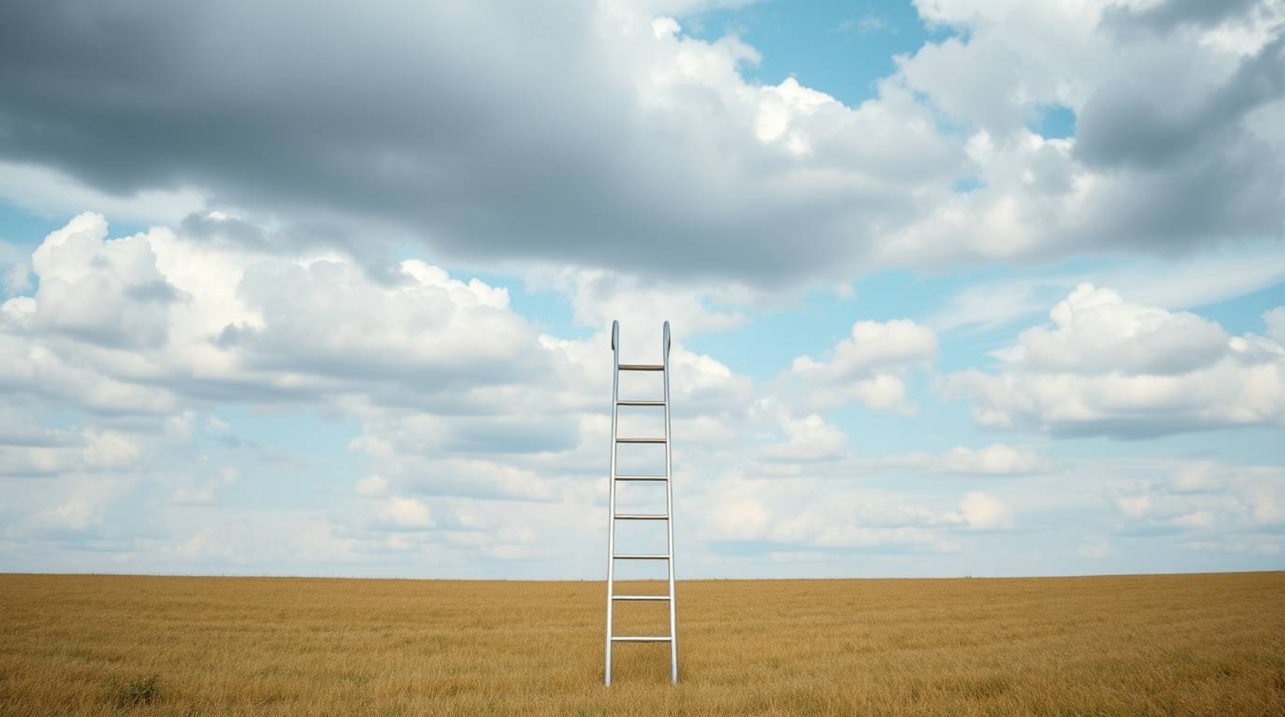 This minimalist scene captures a silver ladder standing in an open field beneath a wide, cloudy sky, representing an abstract