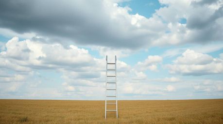 This minimalist scene captures a silver ladder standing in an open field beneath a wide, cloudy sky, representing an abstract