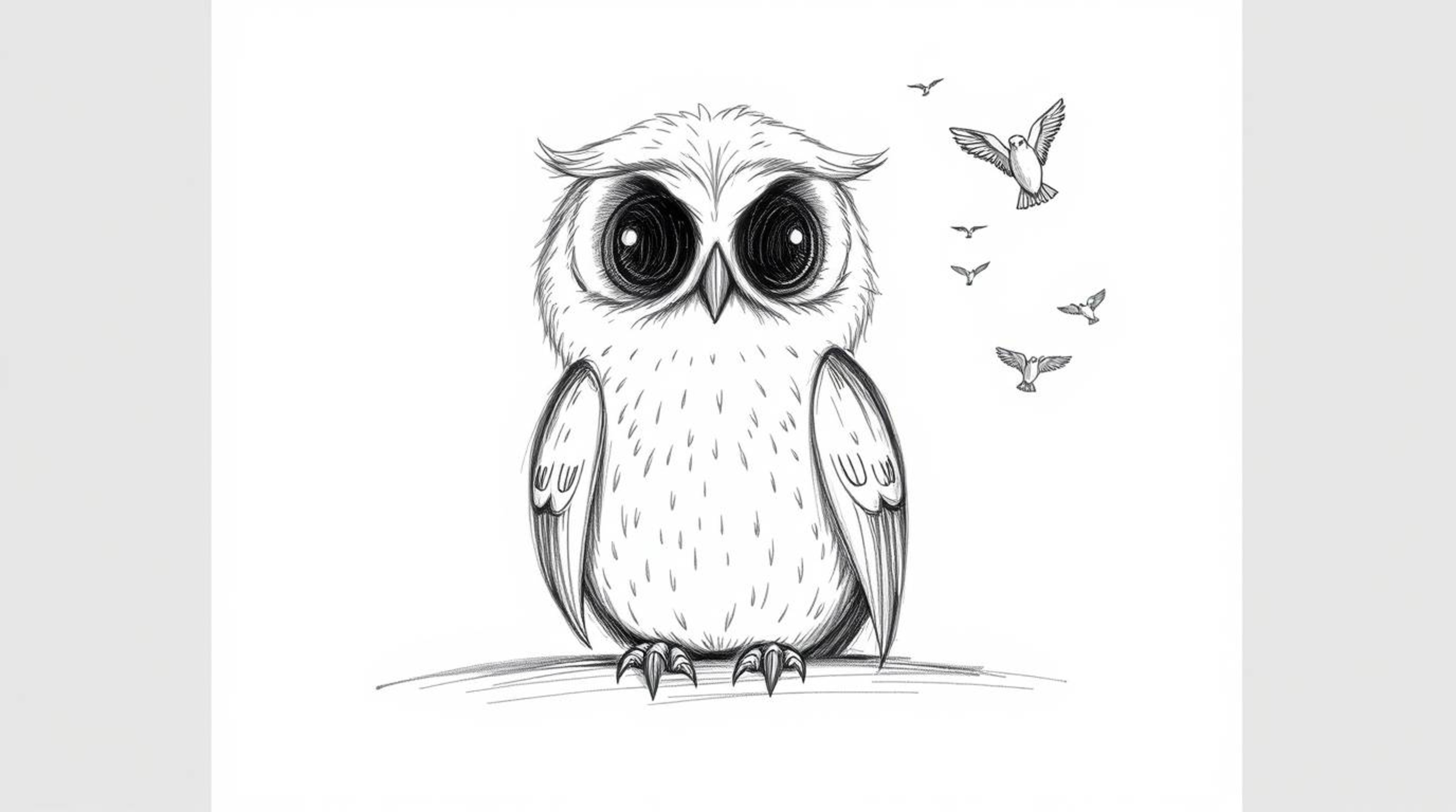 A Pixar-style hand-drawn sketch depicts a blind owl, its feathers subtly textured, sitting calmly amidst a flurry of tiny bir