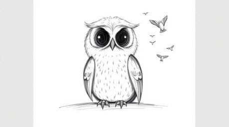 A Pixar-style hand-drawn sketch depicts a blind owl, its feathers subtly textured, sitting calmly amidst a flurry of tiny bir