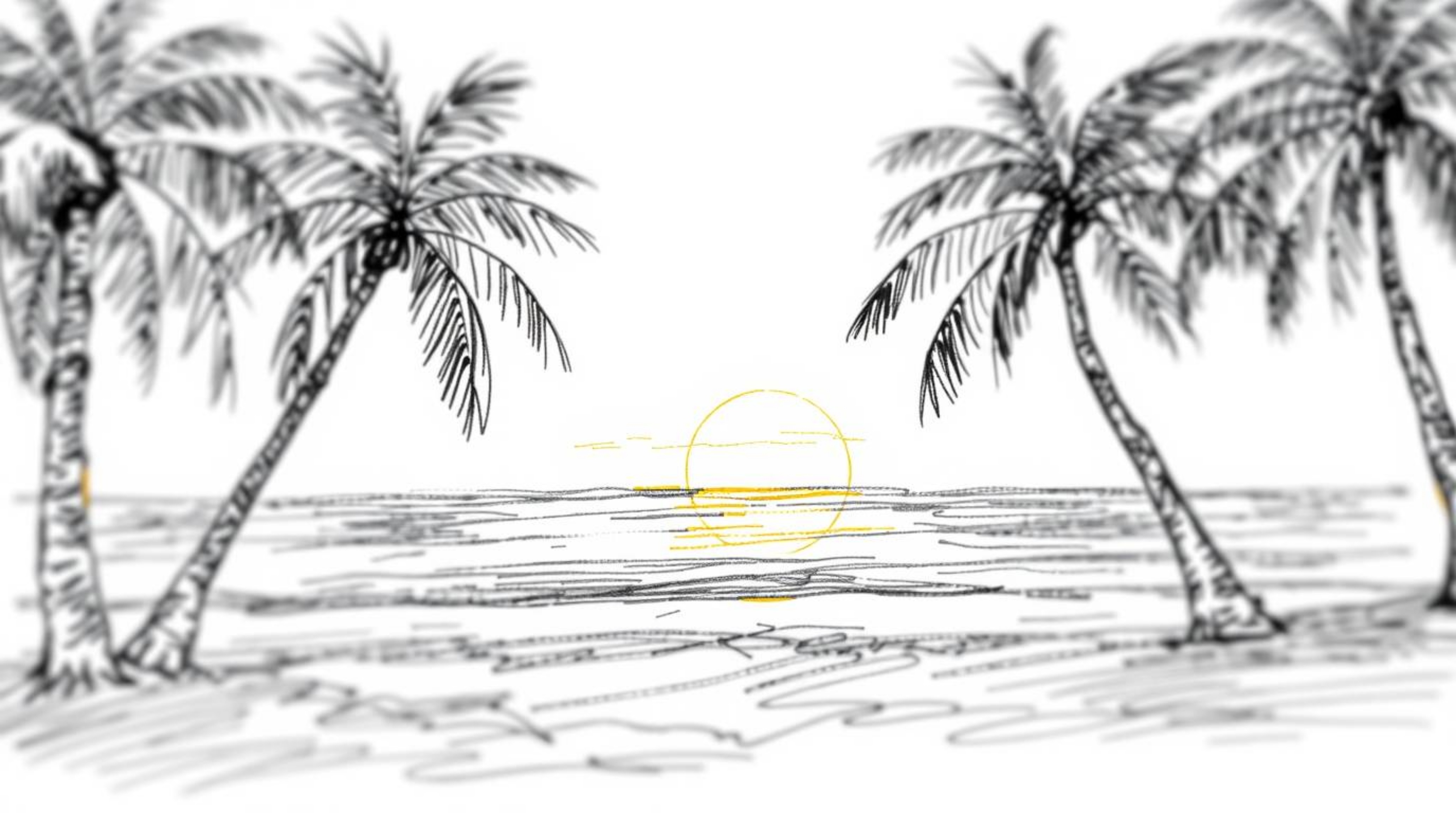 A captivating hand-drawn sketch depicting a vibrant tropical beach sunset.  Palm trees sway gently against a blurred bokeh ba