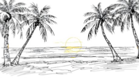A captivating hand-drawn sketch depicting a vibrant tropical beach sunset.  Palm trees sway gently against a blurred bokeh ba
