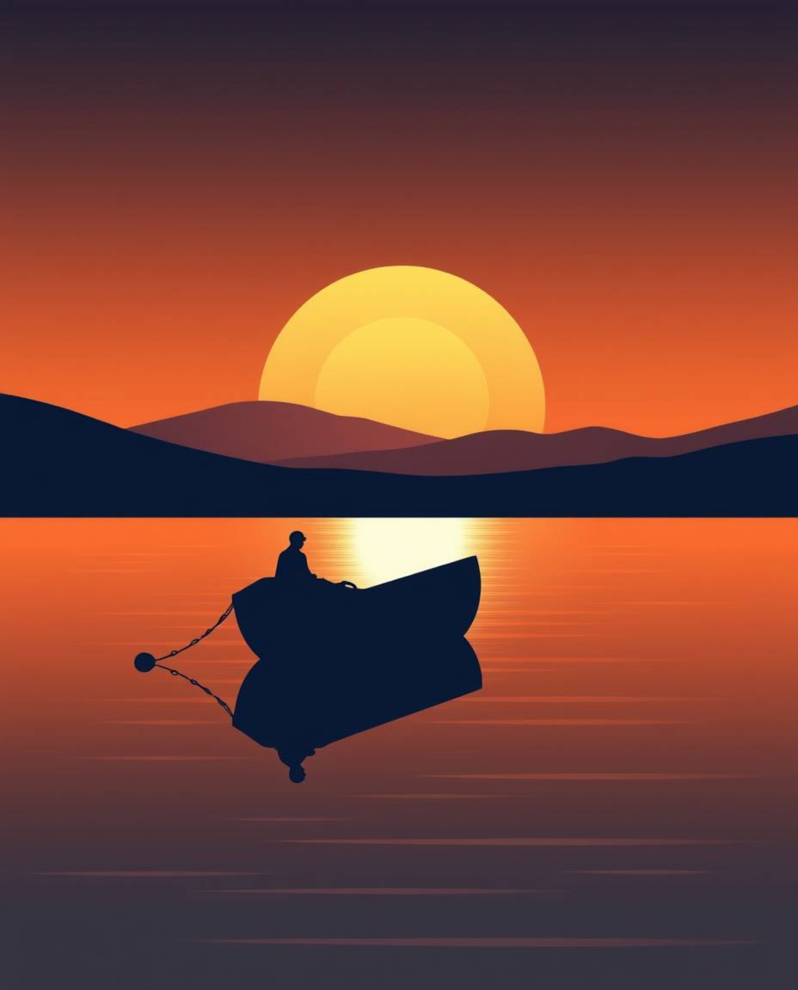 A modern flat design illustration of a boat silhouetted against a sunset lake, using simple two-dimensional shapes and a ligh