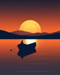 A modern flat design illustration of a boat silhouetted against a sunset lake, using simple two-dimensional shapes and a ligh