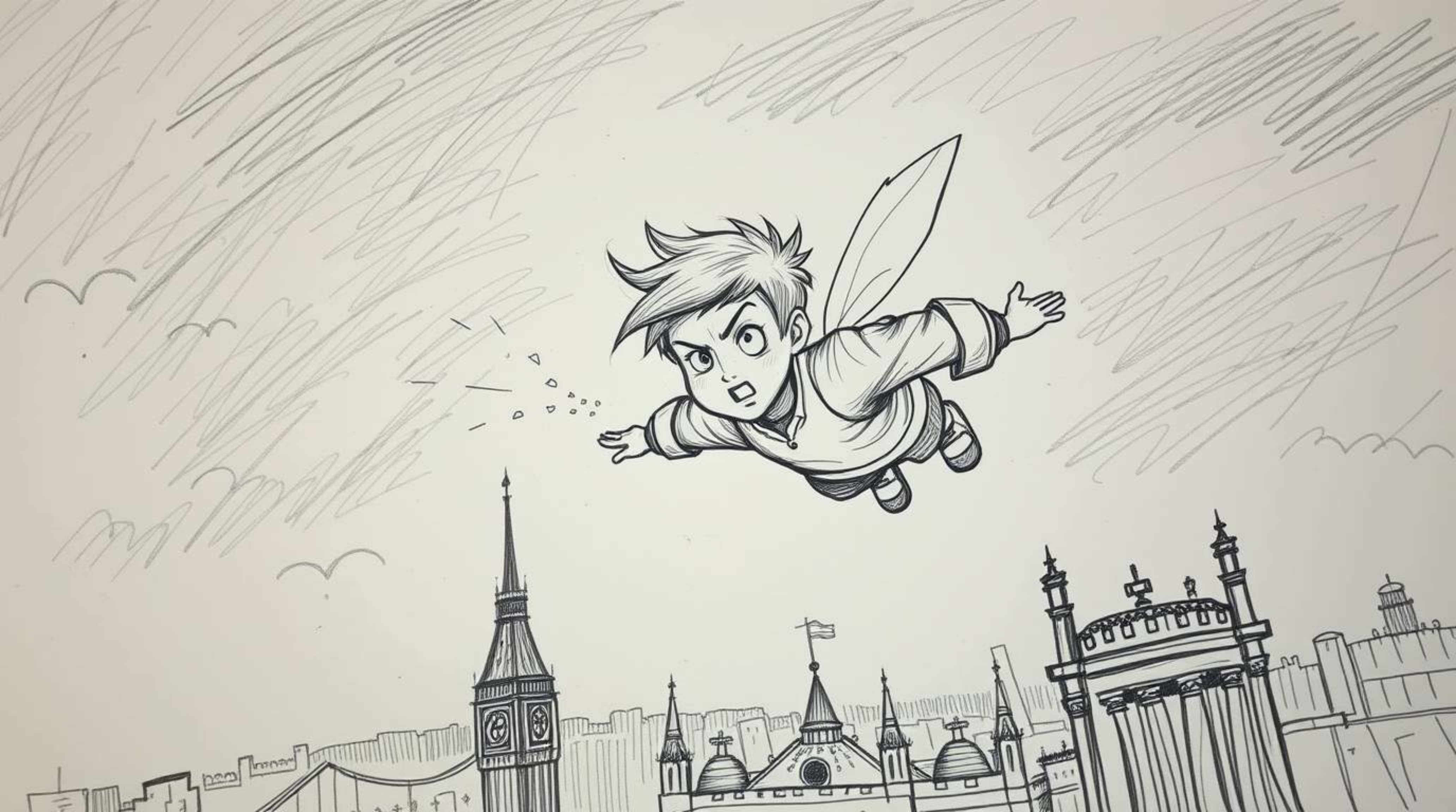 A captivating hand-drawn sketch depicts a young boy with a determined expression soaring above London, propelled by pixie dus