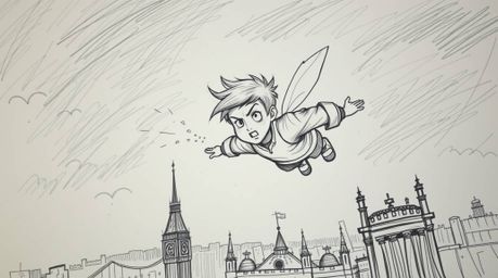 A captivating hand-drawn sketch depicts a young boy with a determined expression soaring above London, propelled by pixie dus