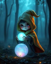 Discover a charming and cute cloaked figure nestled within a misty forest.  This adorable creature holds a glowing orb, radia