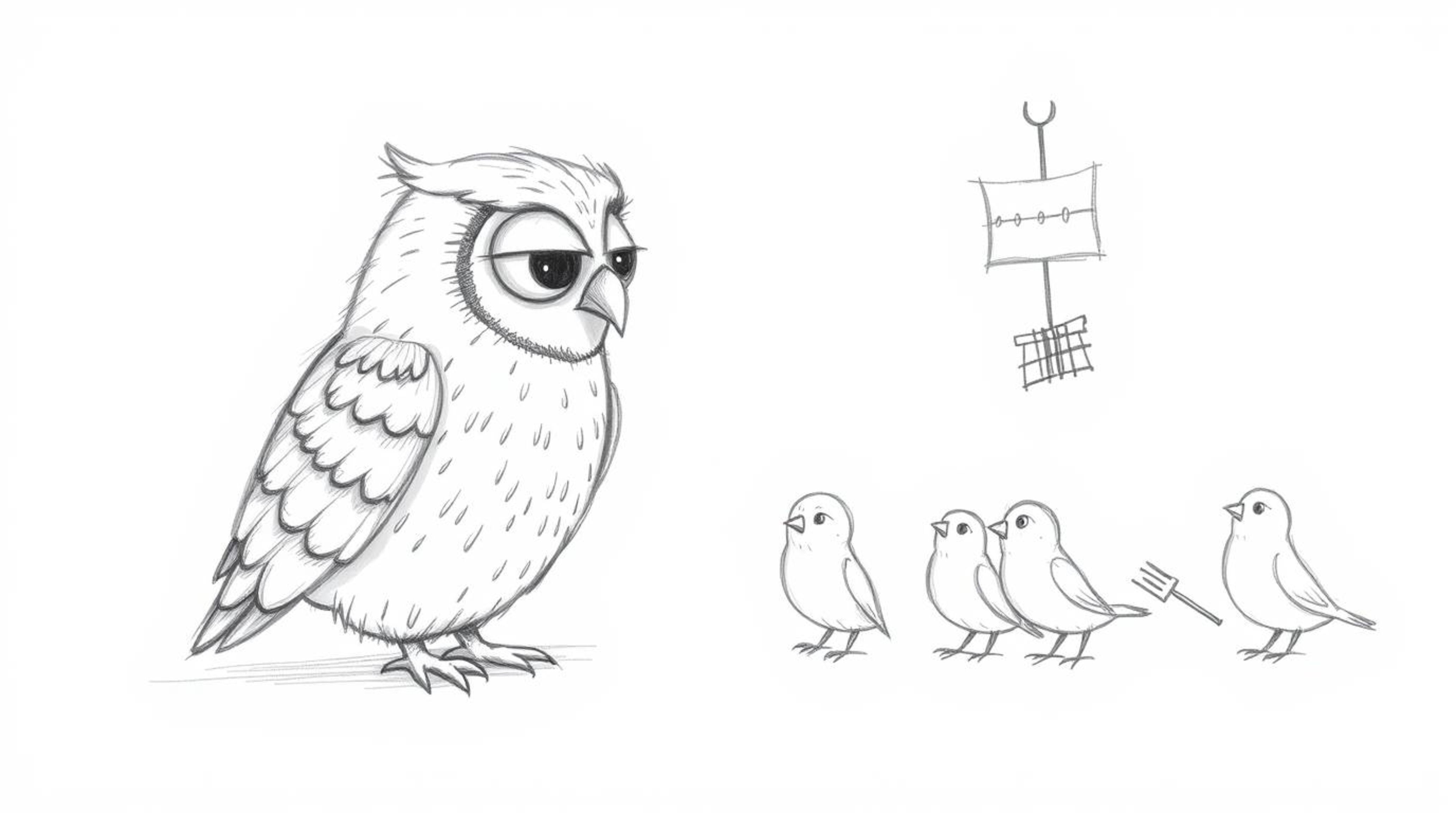 A charming Pixar-style, hand-drawn sketch depicts a blind owl with soft, textured fur and a gentle, downturned beak.  He pati