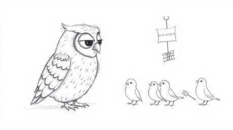 A charming Pixar-style, hand-drawn sketch depicts a blind owl with soft, textured fur and a gentle, downturned beak.  He pati