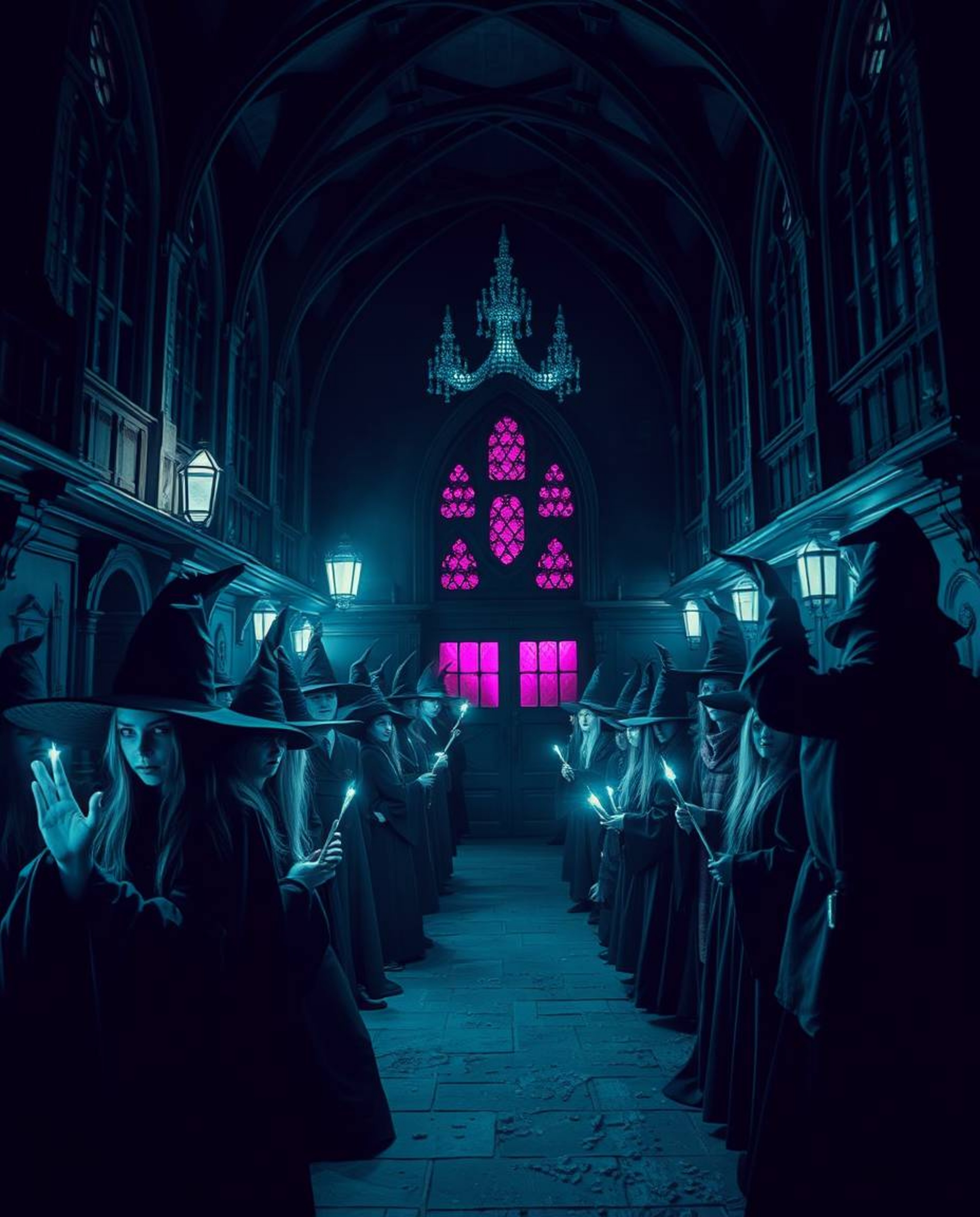 Step into a magical school brimming with young wizards, brought to life with rich, deep teal hues and intense, dramatic light