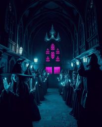 Step into a magical school brimming with young wizards, brought to life with rich, deep teal hues and intense, dramatic light