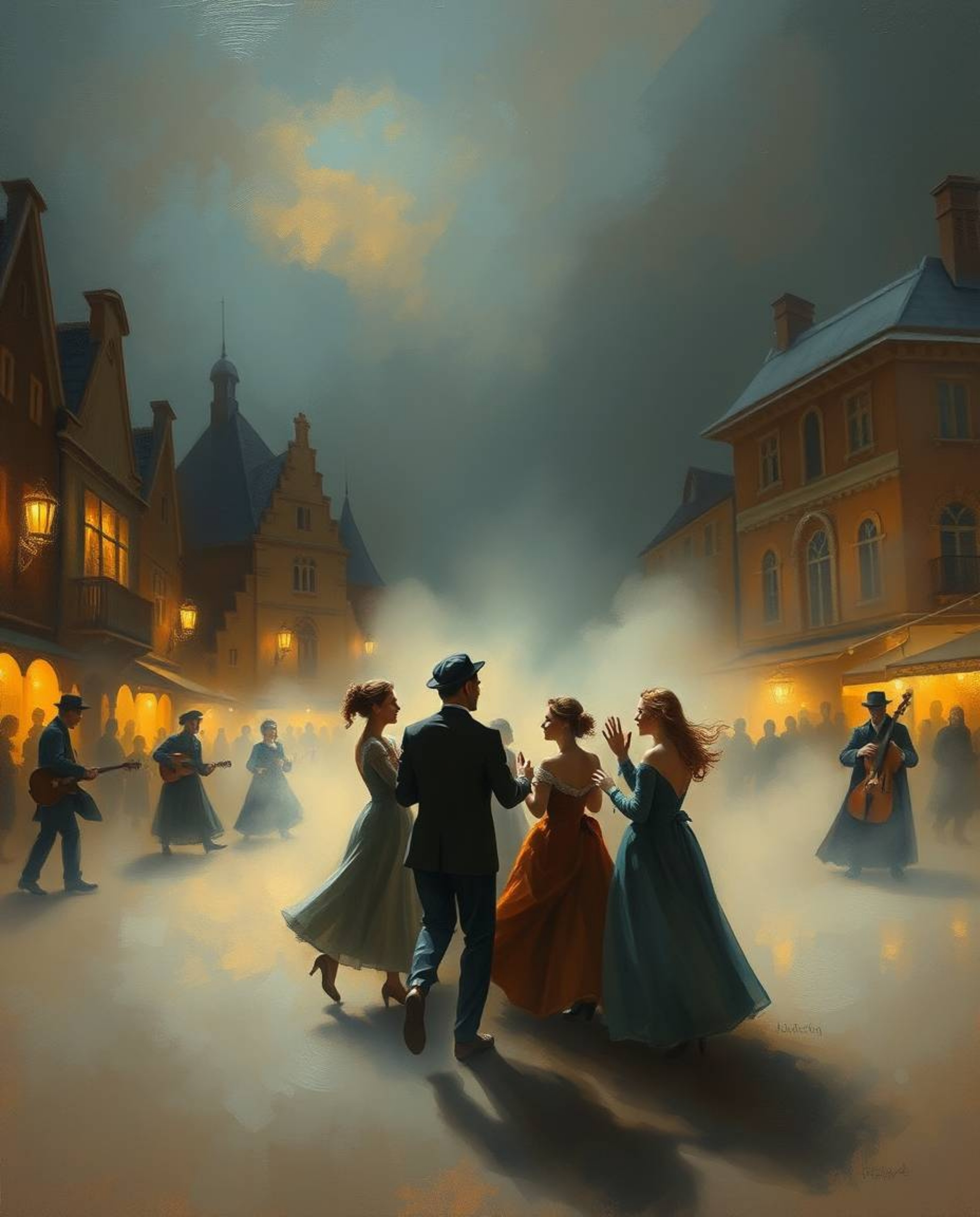 This artwork depicts a vibrant musical number taking place in a brightly lit town square, rendered in the style of a classic 