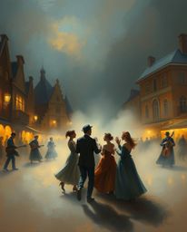 This artwork depicts a vibrant musical number taking place in a brightly lit town square, rendered in the style of a classic