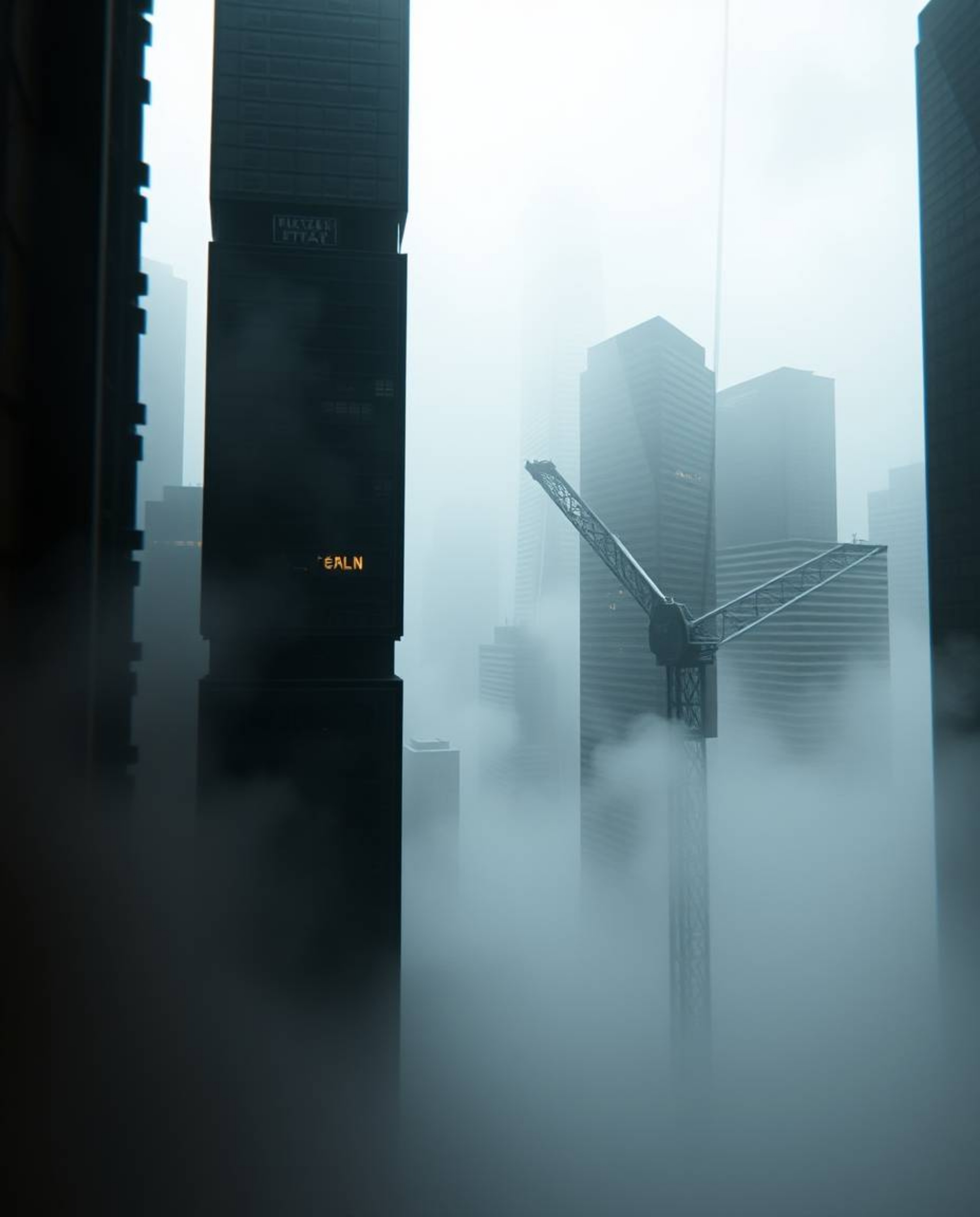 A dramatic cinematic scene is captured in layered papier-mâché, showcasing a glitchy digital landscape of distorted skyscrape