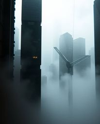 A dramatic cinematic scene is captured in layered papier-mâché, showcasing a glitchy digital landscape of distorted skyscrape