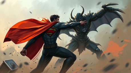 A dynamic digital sketch depicts a superhero with a cape locked in combat with a silly villain amidst a misty, atmospheric sc