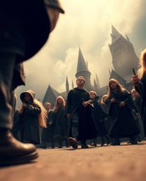 Immerse yourself in a breathtaking, low-angle perspective of a magical school brimming with young wizards. Bathed in a soft