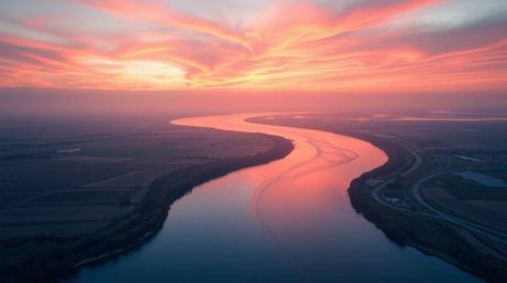 A captivating image showcases a winding river glowing serenely under a dramatic orange-pink sunset. The scene is rendered in 