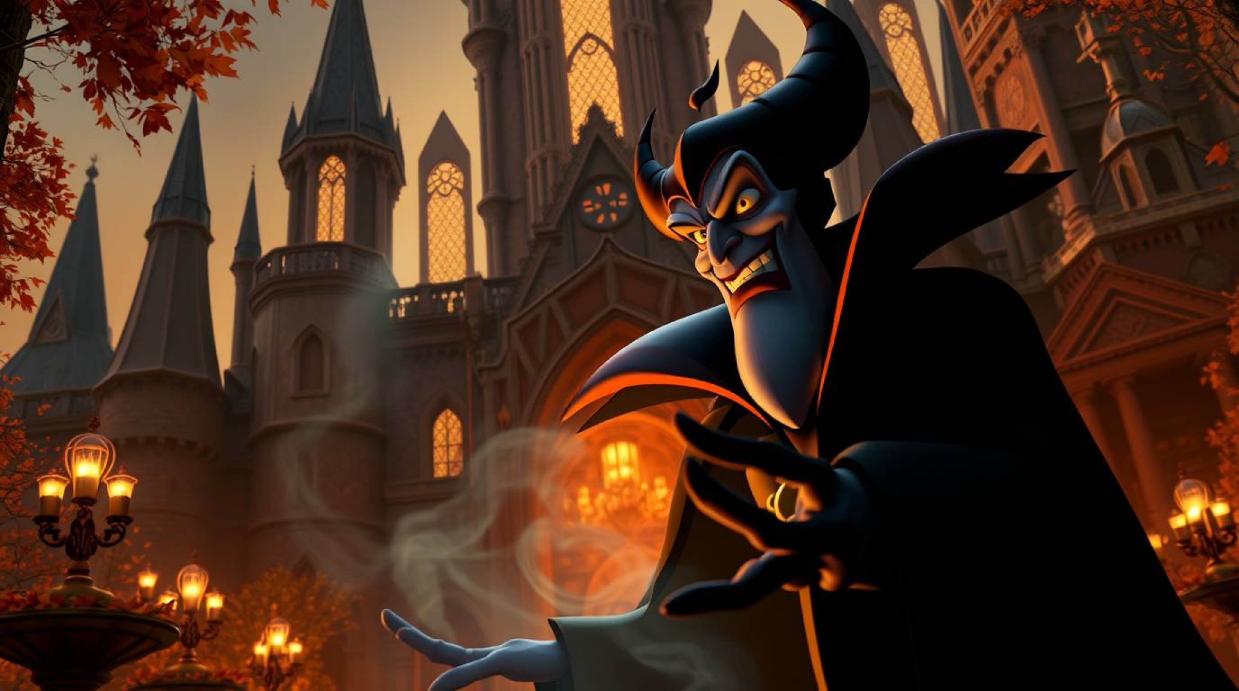 A captivating scene depicting a classic Disney villain with imposing features and dark skin casting a spell within a grand, m