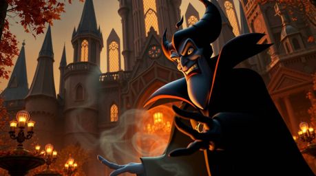 A captivating scene depicting a classic Disney villain with imposing features and dark skin casting a spell within a grand, m