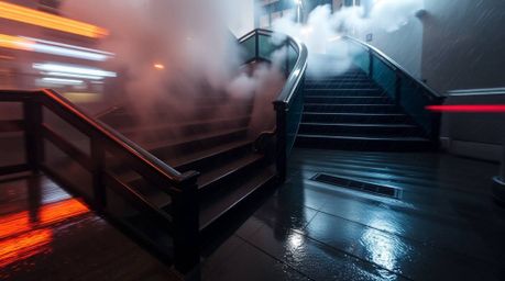 Explore the captivating allure of a long exposure photograph showcasing a winding stairway of smoke and light amidst a wet, r