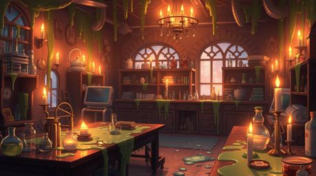 Immerse yourself in a slime-covered science lab depicted in a stunning Isekai anime style. This scene features an expressive 