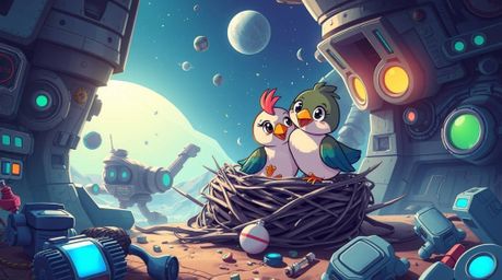 Explore a captivating futuristic sci-fi scene featuring two cartoon birds in a classic animation style. They are diligently
