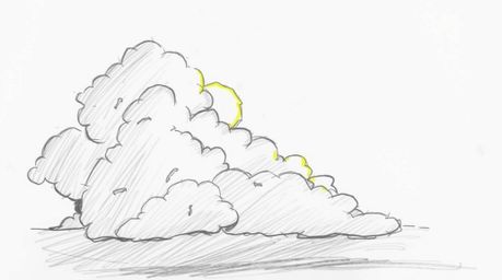 A captivating hand-drawn sketch showcases dramatic thunderstorm clouds brilliantly illuminated by the warm hues of the settin