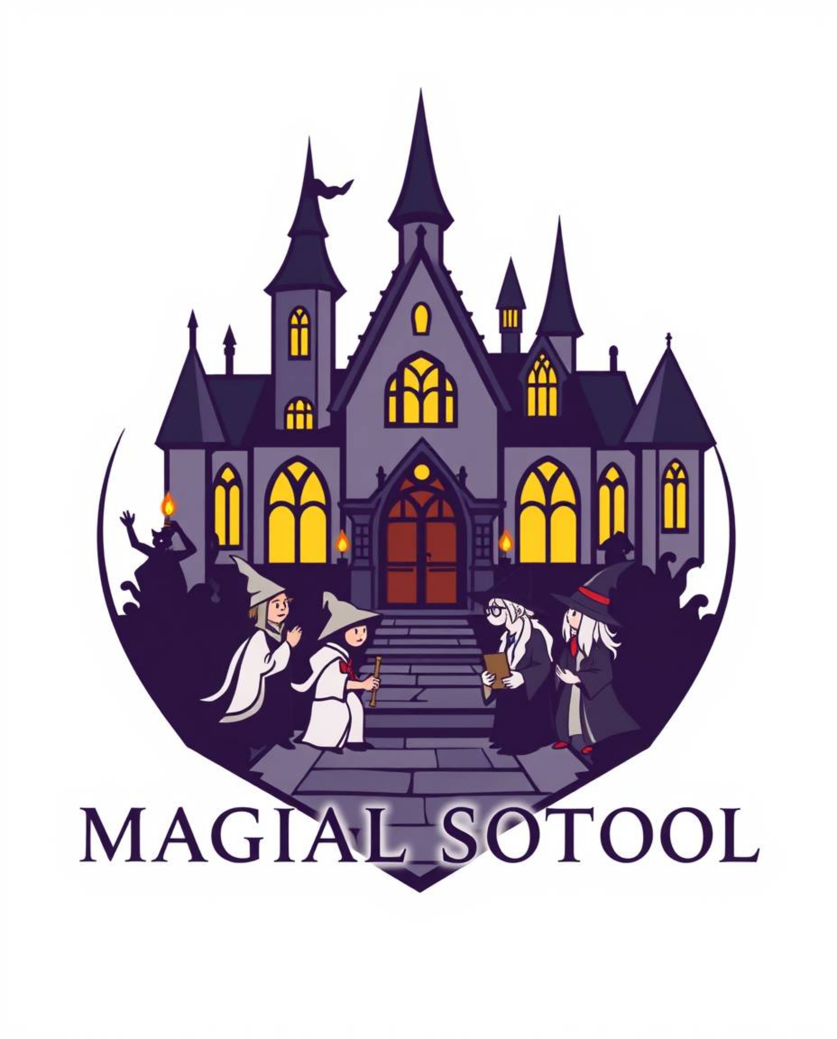 This logo design features a magical school teeming with young wizards, rendered in a modern geometric style.  The design emph
