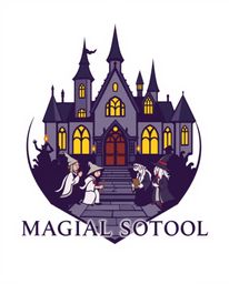 This logo design features a magical school teeming with young wizards, rendered in a modern geometric style.  The design emph