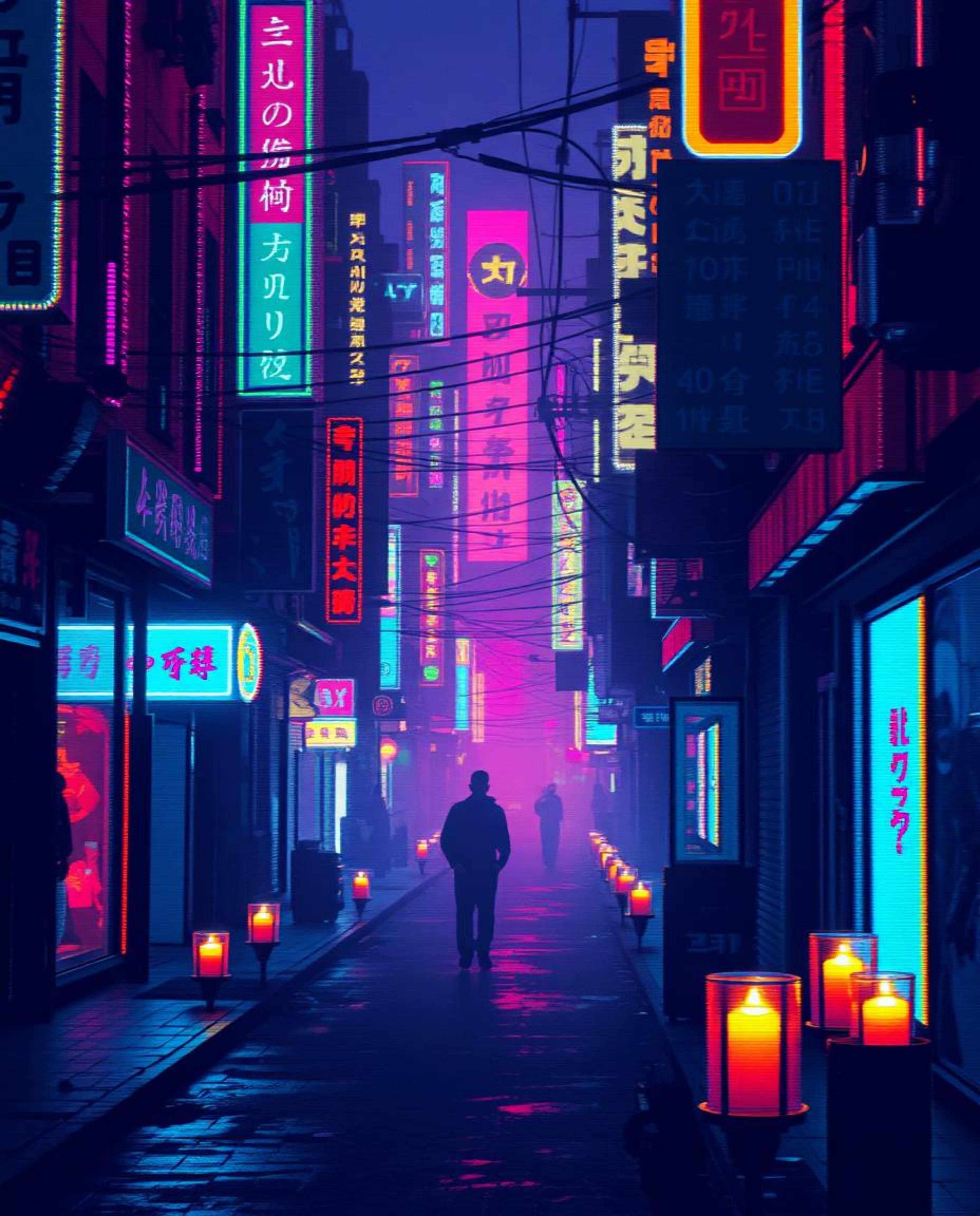 A captivating pixelated glitch art image depicts a cyberpunk street bathed in a neon haze.  Flickering candlelight provides a