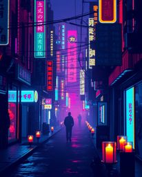 A captivating pixelated glitch art image depicts a cyberpunk street bathed in a neon haze.  Flickering candlelight provides a