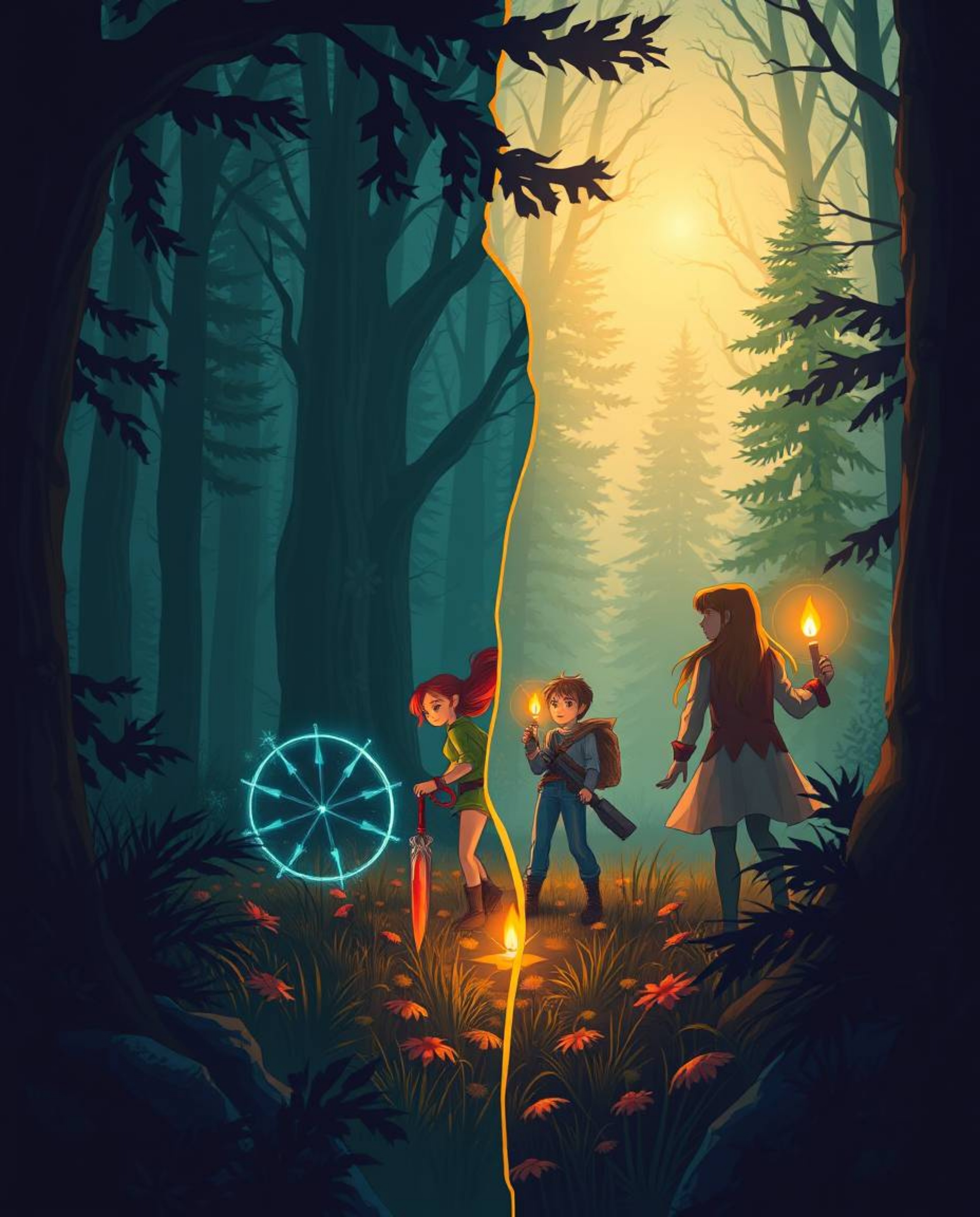 Discover a captivating split image depicting a group of friends possessing unique abilities, embarking on an exciting explora