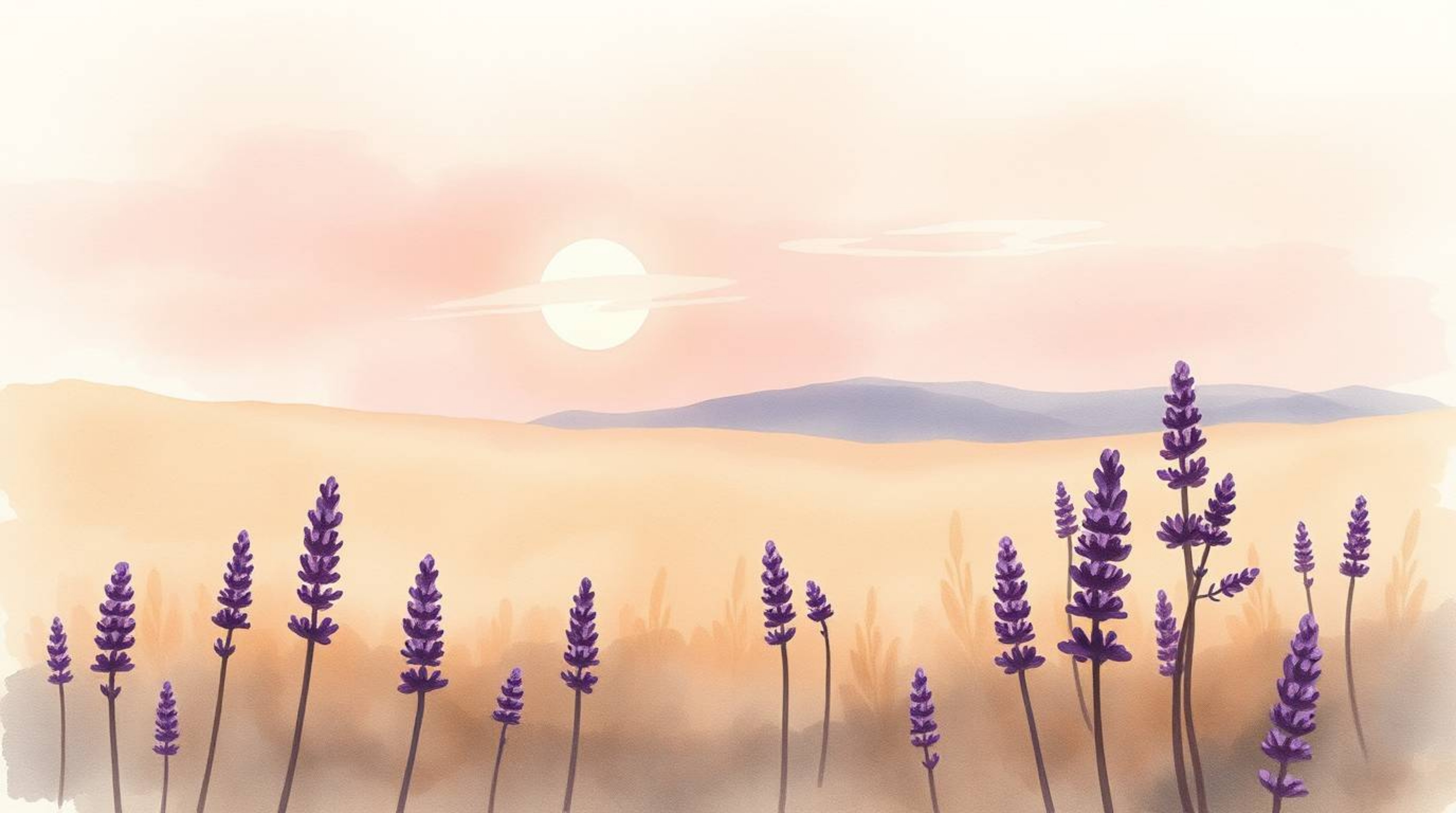 A delicate watercolor painting captures the serene beauty of lavender fields basking under a dreamy pink sky. Employing natur