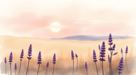 A delicate watercolor painting captures the serene beauty of lavender fields basking under a dreamy pink sky. Employing natur