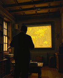 This image showcases a glowing map projection within an old study, rendered in a classic oil painting style. The silhouetted 