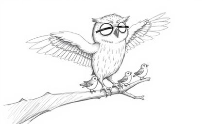 A heartwarming hand-drawn sketch in the style of Pixar depicts a blind owl, rendered with soft, feathery textures, imparting 