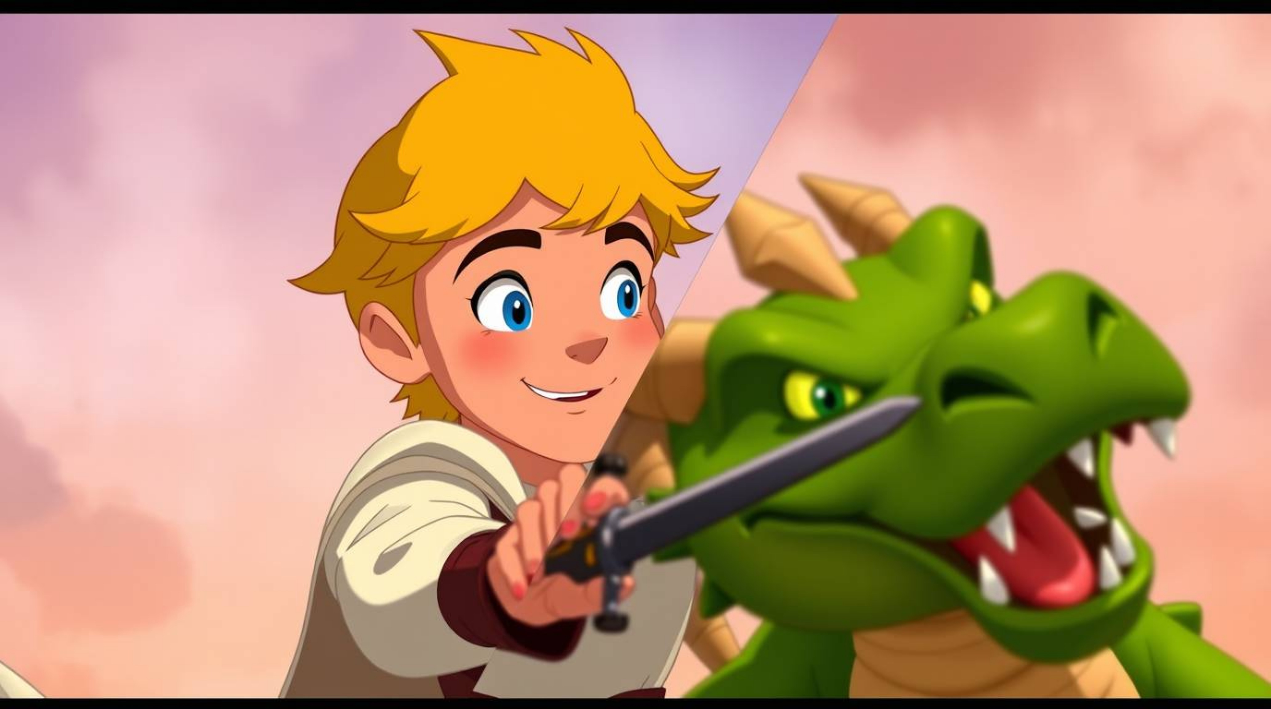 A charming prince with rosy cheeks and blonde hair bravely battles a fearsome green dragon in a captivating split-screen anim
