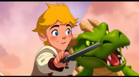 A charming prince with rosy cheeks and blonde hair bravely battles a fearsome green dragon in a captivating split-screen anim