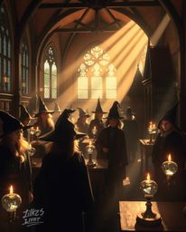 Discover a magical school filled with young wizards, bathed in gentle, soft light. Diffused shadows and subtle illumination c