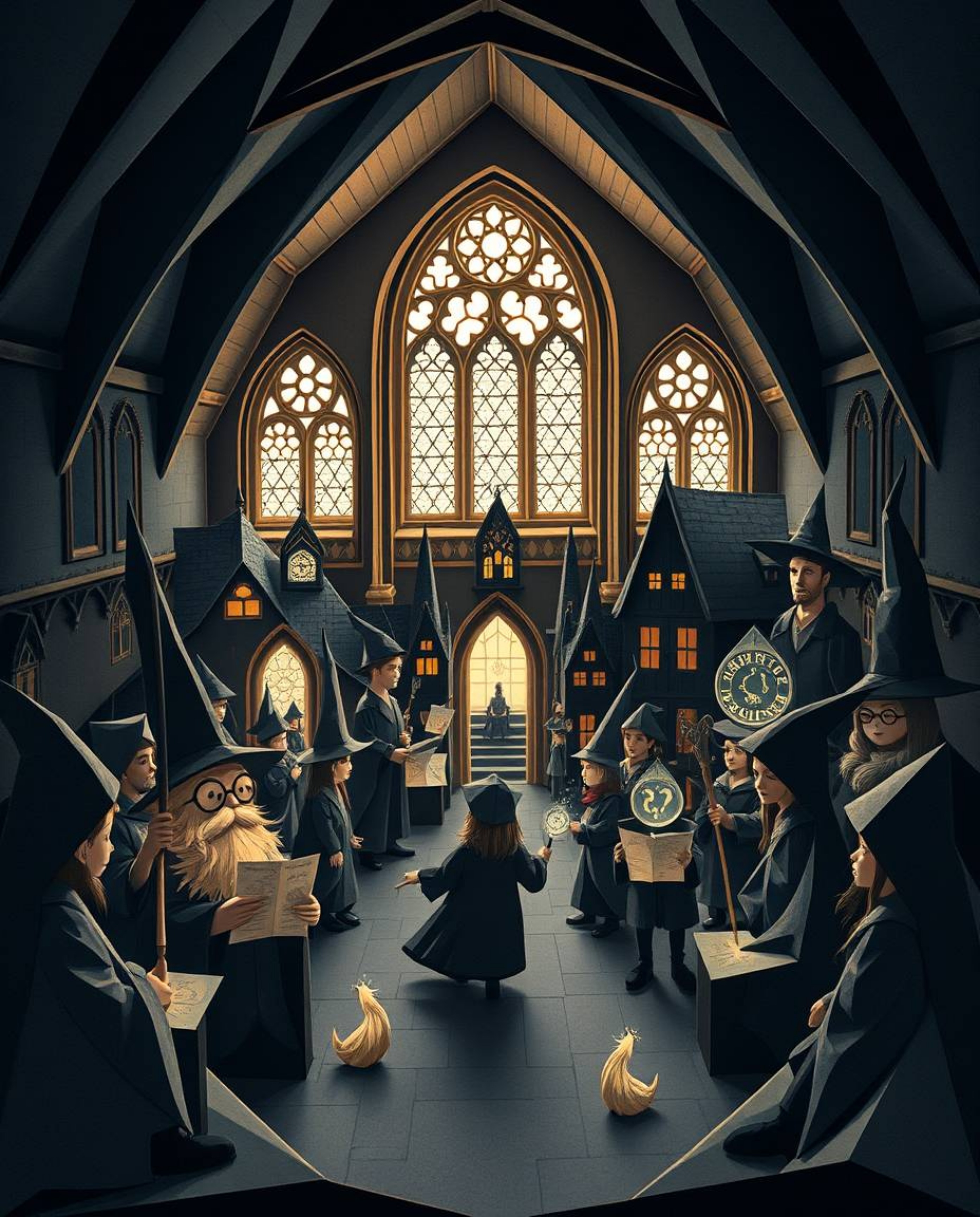 Explore a magical school brimming with young wizards depicted in an intricate origami-style illustration. The artwork boasts 