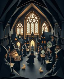 Explore a magical school brimming with young wizards depicted in an intricate origami-style illustration. The artwork boasts