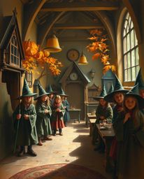 Discover a magical school brimming with young wizards, bathed in the warm hues of autumn.  This enchanting scene, rendered in